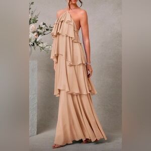 New Tiered Chiffon Ruffle Halter Maxi Dress Backless Khaki Tan